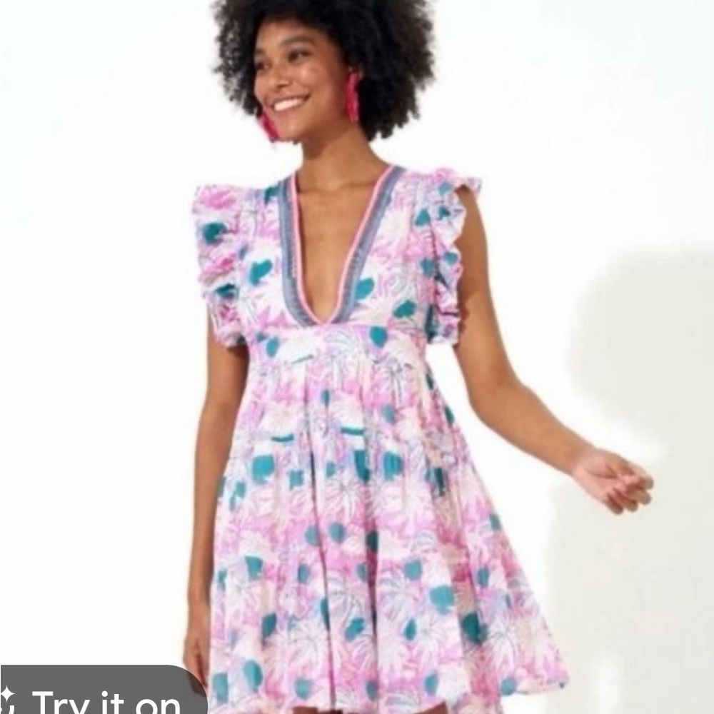 Olian Pink and Teal Floral Trim Summer Dress